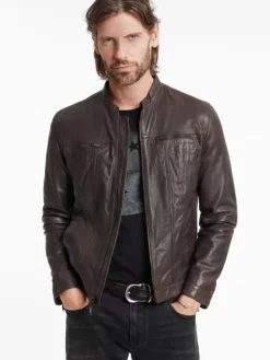 Leather & Outerwear|Tops>John Varvatos BRANDO BAND COLLAR JACKET CHARCBROWN