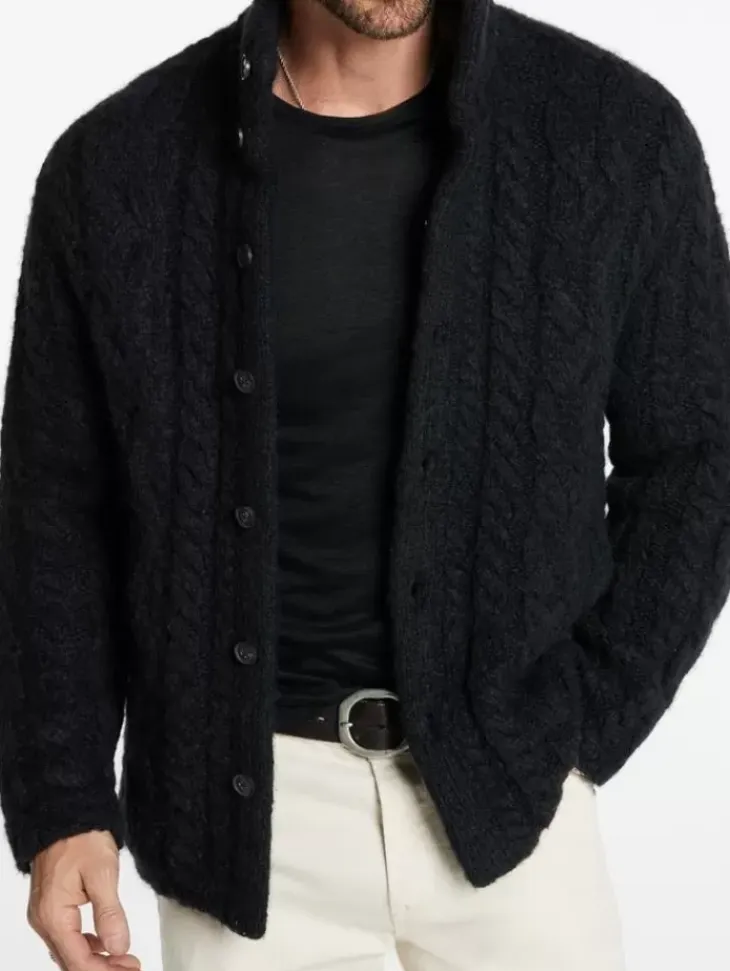 Leather & Outerwear|Tops>John Varvatos BRANDT CABLE SWEATER BLACK