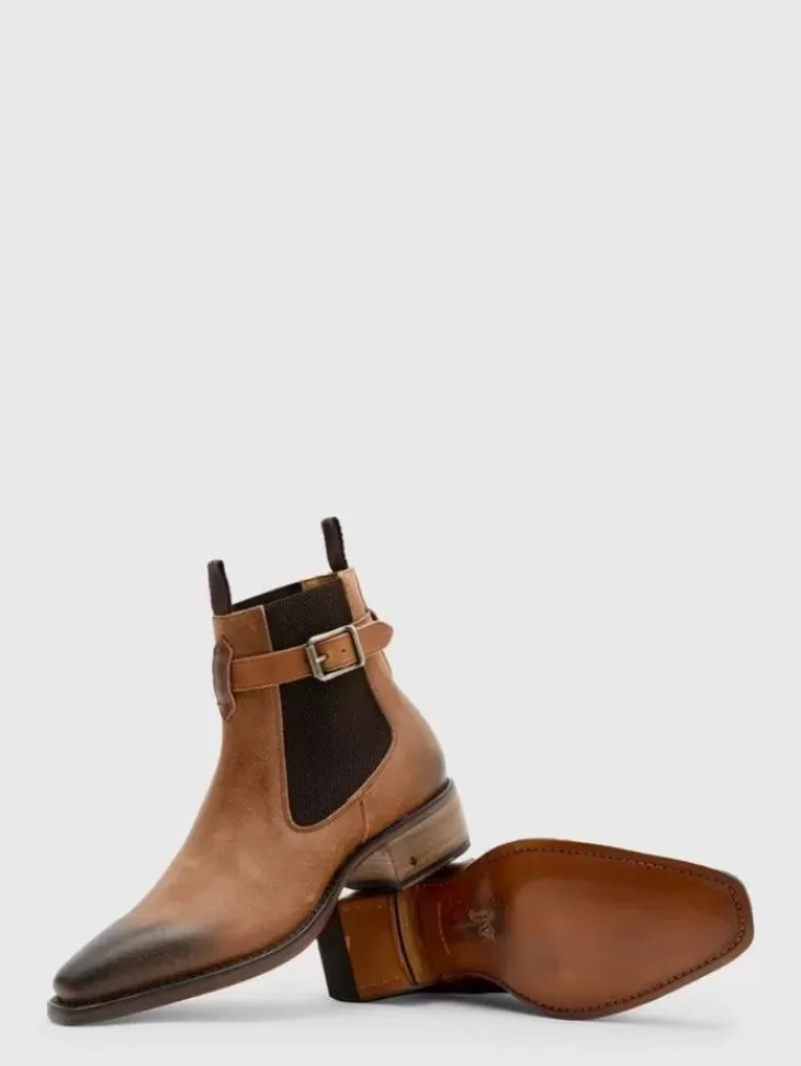 Boots|Leather Boots>John Varvatos WALKER BUCKLE CHELSEA BOOT LTBROWN